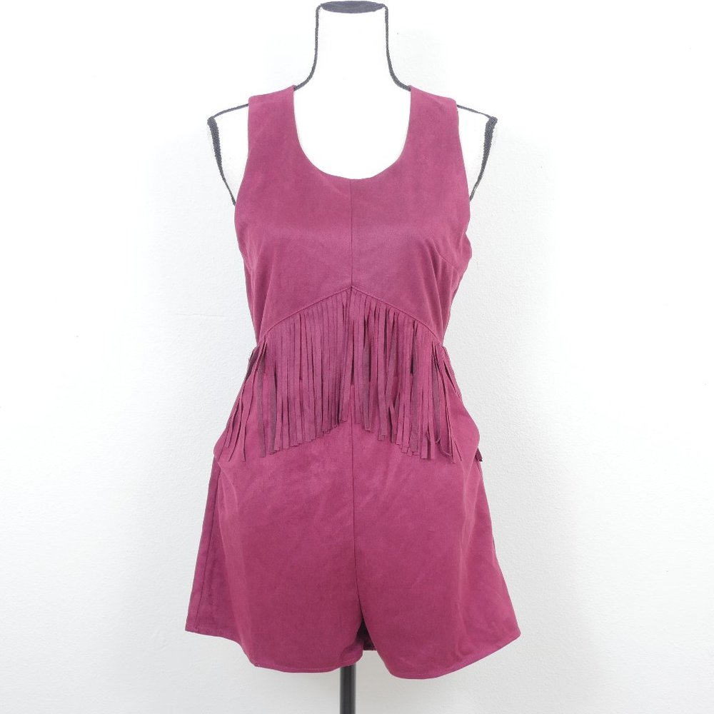Very J Burgundy Wine Sleeveless Faux Suede Fringe Boho Festival Size Med. Romper